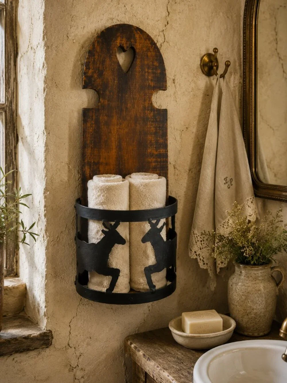 Vintage Rustic Wooden Wall Mount Heart-Carved Holder